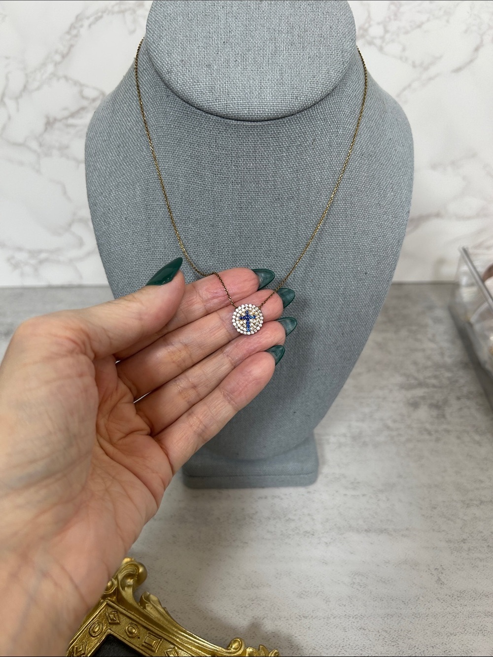 925 Vermeil Disc Necklace with Blue Pave Cross Pendant